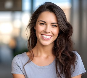 Closeup of woman in grey shirt smiling outside