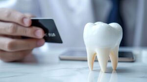 Hand holding credit card on marble surface next to large model tooth